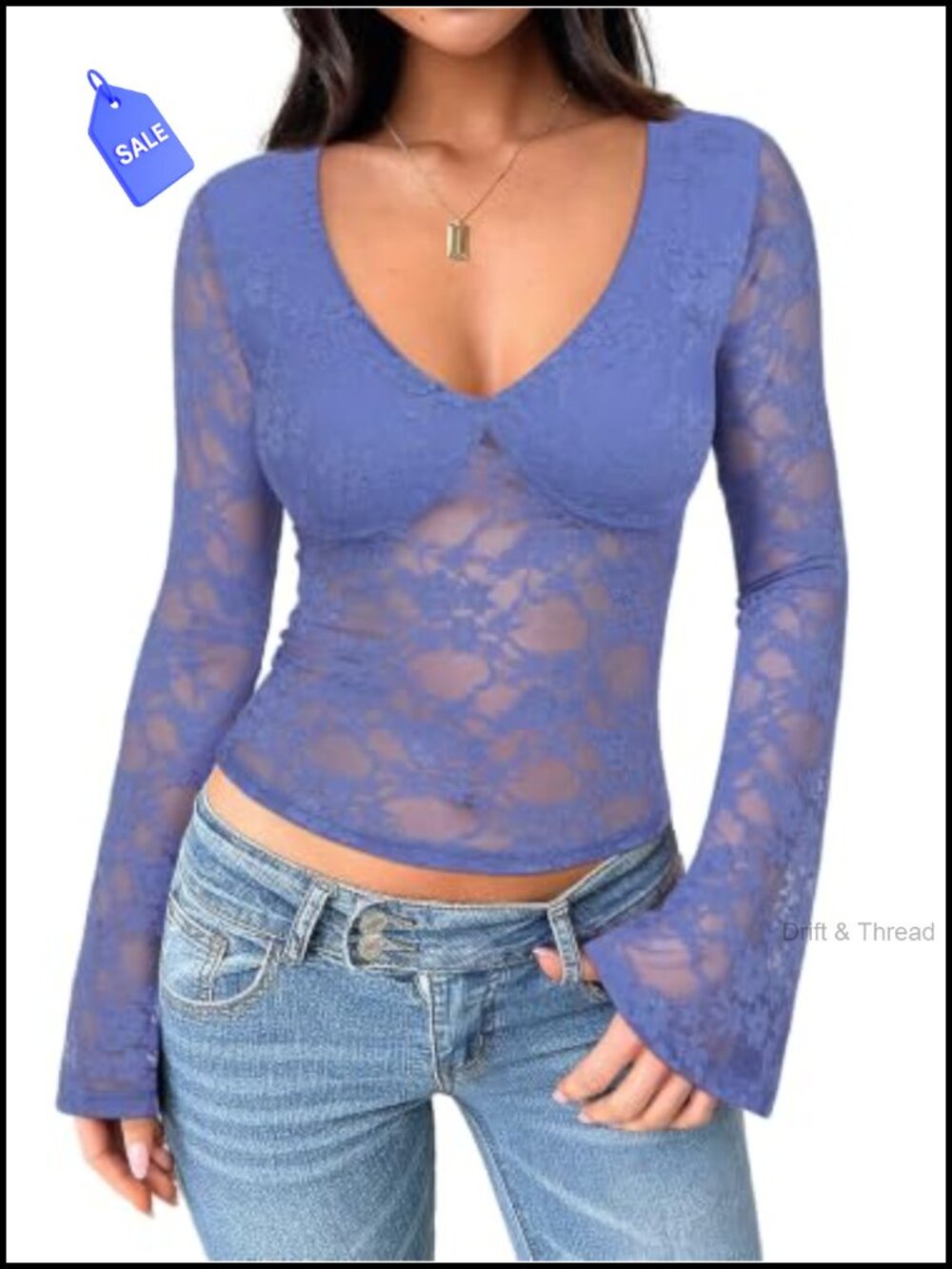 Lace Long Bell Sleeve V-Neck Top Womens Going Out Fitted Tee